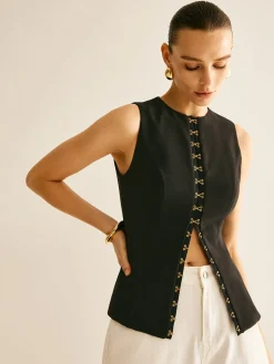 Discount Round Neck Metal-Detail Vest Outerwear|Vests
