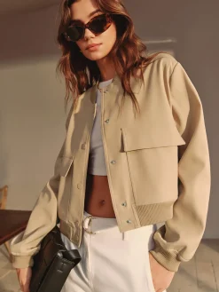 Discount Round Neck Pockets Jacket Outerwear|Jackets