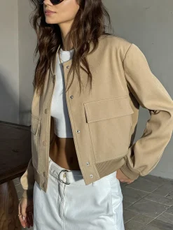 Discount Round Neck Pockets Jacket Outerwear|Jackets