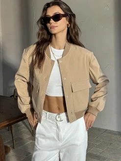 Discount Round Neck Pockets Jacket Outerwear|Jackets