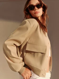 Discount Round Neck Pockets Jacket Outerwear|Jackets