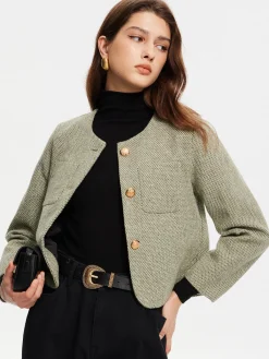 Best Round Neck Pockets Tweed Jacket Outerwear|Jackets