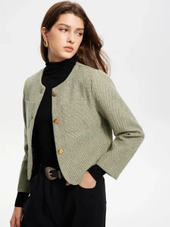 Best Round Neck Pockets Tweed Jacket Outerwear|Jackets