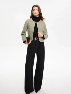 Best Round Neck Pockets Tweed Jacket Outerwear|Jackets