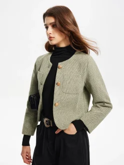 Best Round Neck Pockets Tweed Jacket Outerwear|Jackets