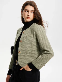 Best Round Neck Pockets Tweed Jacket Outerwear|Jackets