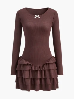 Hot Round Neck Ruffle Slim Knit Dress Sweater Dresses|Casual Dresses
