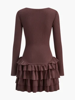 Hot Round Neck Ruffle Slim Knit Dress Sweater Dresses|Casual Dresses