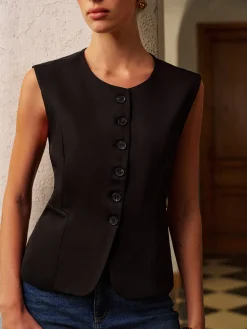 Outlet Round Neck Split Button Vest Vests|Outerwear