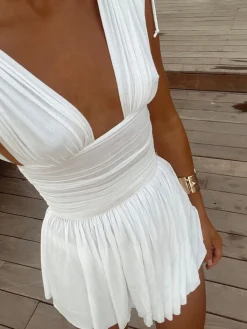 Outlet Ruched Drawstring Short Dress White Dresses|Casual Dresses