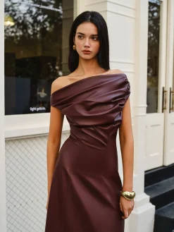 Sale Ruched Faux Leather Strapless Dress Cocktail & Party Dresses|Long Dresses