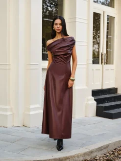 Sale Ruched Faux Leather Strapless Dress Cocktail & Party Dresses|Long Dresses