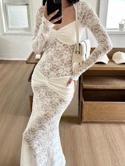 Sale Ruched Lace Panel Long Dress Cocktail & Party Dresses|Long Dresses