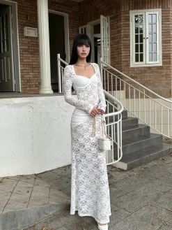 Sale Ruched Lace Panel Long Dress Cocktail & Party Dresses|Long Dresses
