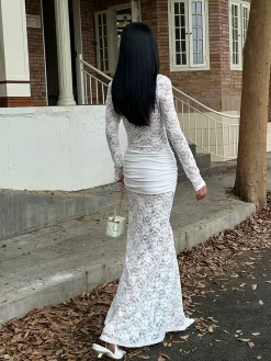 Sale Ruched Lace Panel Long Dress Cocktail & Party Dresses|Long Dresses