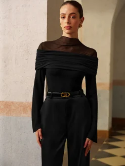 New Ruched Mesh Panel Jersey Top Tops