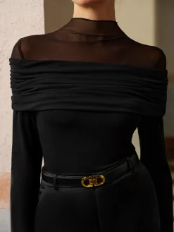 New Ruched Mesh Panel Jersey Top Tops