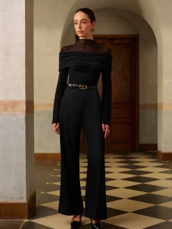 New Ruched Mesh Panel Jersey Top Tops