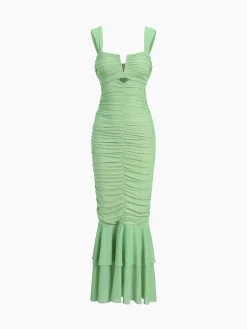Online Ruched Mesh Zippered Long Dress Cocktail & Party Dresses|Summer Dresses