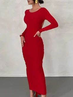 New Ruched Open Back Long Sleeve Maxi Dress Casual Dresses|Cocktail & Party Dresses