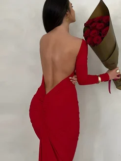 New Ruched Open Back Long Sleeve Maxi Dress Casual Dresses|Cocktail & Party Dresses