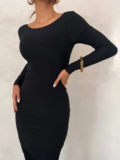 New Ruched Open Back Long Sleeve Maxi Dress Casual Dresses|Cocktail & Party Dresses