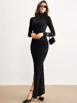 Outlet Ruched Split Jersey Long Dress Black Dresses|Casual Dresses