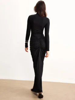 Outlet Ruched Split Jersey Long Dress Black Dresses|Casual Dresses