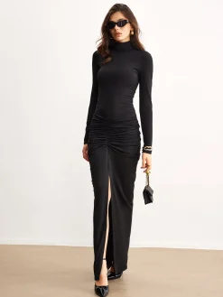 Outlet Ruched Split Jersey Long Dress Black Dresses|Casual Dresses