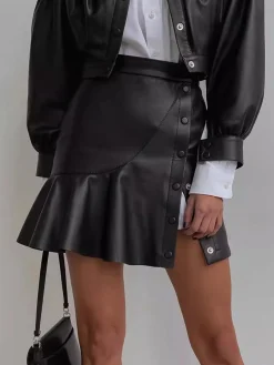 Outlet Ruffle Button Clasp PU Leather Skirt Skirts|Bottoms