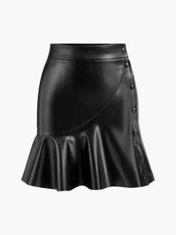 Outlet Ruffle Button Clasp PU Leather Skirt Skirts|Bottoms
