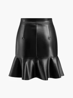Outlet Ruffle Button Clasp PU Leather Skirt Skirts|Bottoms