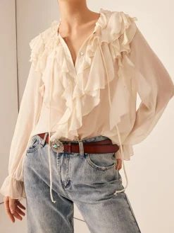 Outlet Ruffle Chiffon Breasted Thin Shirt Blouses & Shirts|Tops