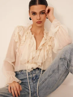 Outlet Ruffle Chiffon Breasted Thin Shirt Blouses & Shirts|Tops