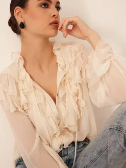Outlet Ruffle Chiffon Breasted Thin Shirt Blouses & Shirts|Tops