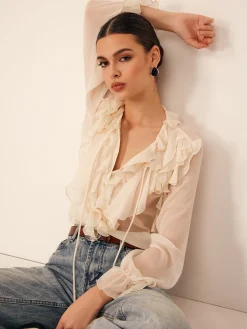 Outlet Ruffle Chiffon Breasted Thin Shirt Blouses & Shirts|Tops