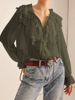 Outlet Ruffle Chiffon Breasted Thin Shirt Blouses & Shirts|Tops