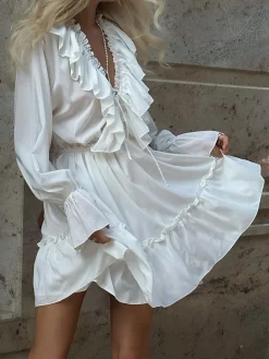 Outlet Ruffle Collar Short Dress White Dresses|Casual Dresses