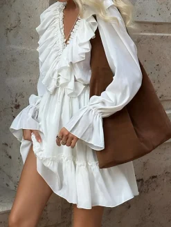 Outlet Ruffle Collar Short Dress White Dresses|Casual Dresses