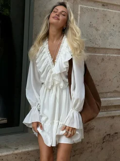 Outlet Ruffle Collar Short Dress White Dresses|Casual Dresses