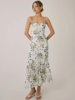 Online Ruffle Floral Print Cami Long Dress White Dresses|Casual Dresses