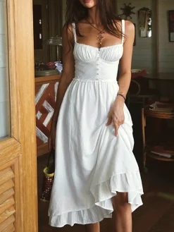 Outlet Ruffle Hem Cami Plain Midi Dress White Dresses|Black Dresses