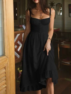 Outlet Ruffle Hem Cami Plain Midi Dress White Dresses|Black Dresses