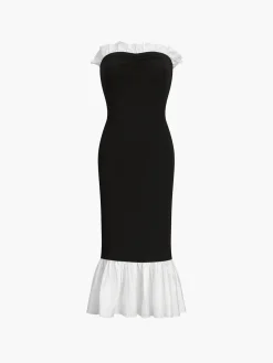 New Ruffle Hem Patchwork Midi Dress Black Dresses|Casual Dresses