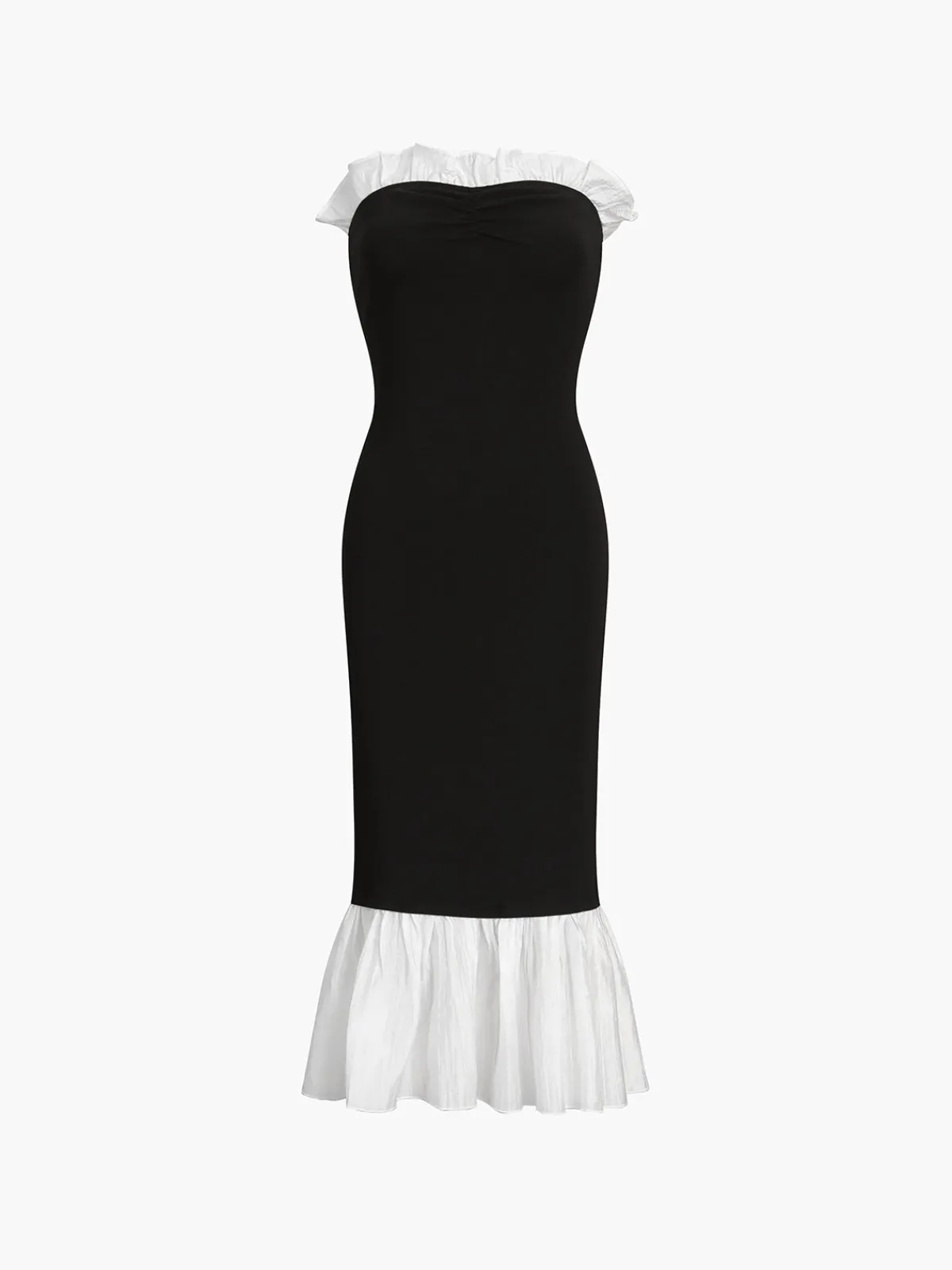 New Ruffle Hem Patchwork Midi Dress Black Dresses|Casual Dresses