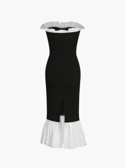 New Ruffle Hem Patchwork Midi Dress Black Dresses|Casual Dresses