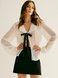 Discount Ruffle Neck Pinstripe Semi-Sheer Shirt Blouses & Shirts|Tops