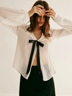 Discount Ruffle Neck Pinstripe Semi-Sheer Shirt Blouses & Shirts|Tops