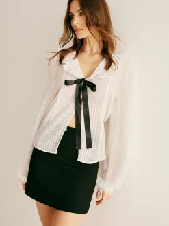 Discount Ruffle Neck Pinstripe Semi-Sheer Shirt Blouses & Shirts|Tops