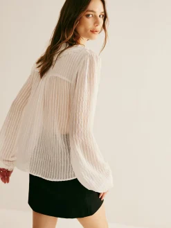 Discount Ruffle Neck Pinstripe Semi-Sheer Shirt Blouses & Shirts|Tops